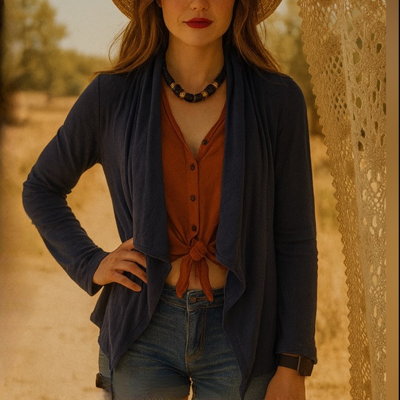 Caslon Navy Soft Cotton Blend Sweatshirt Draped Raw Hem Cardigan Size Large - Picture 1 of 8